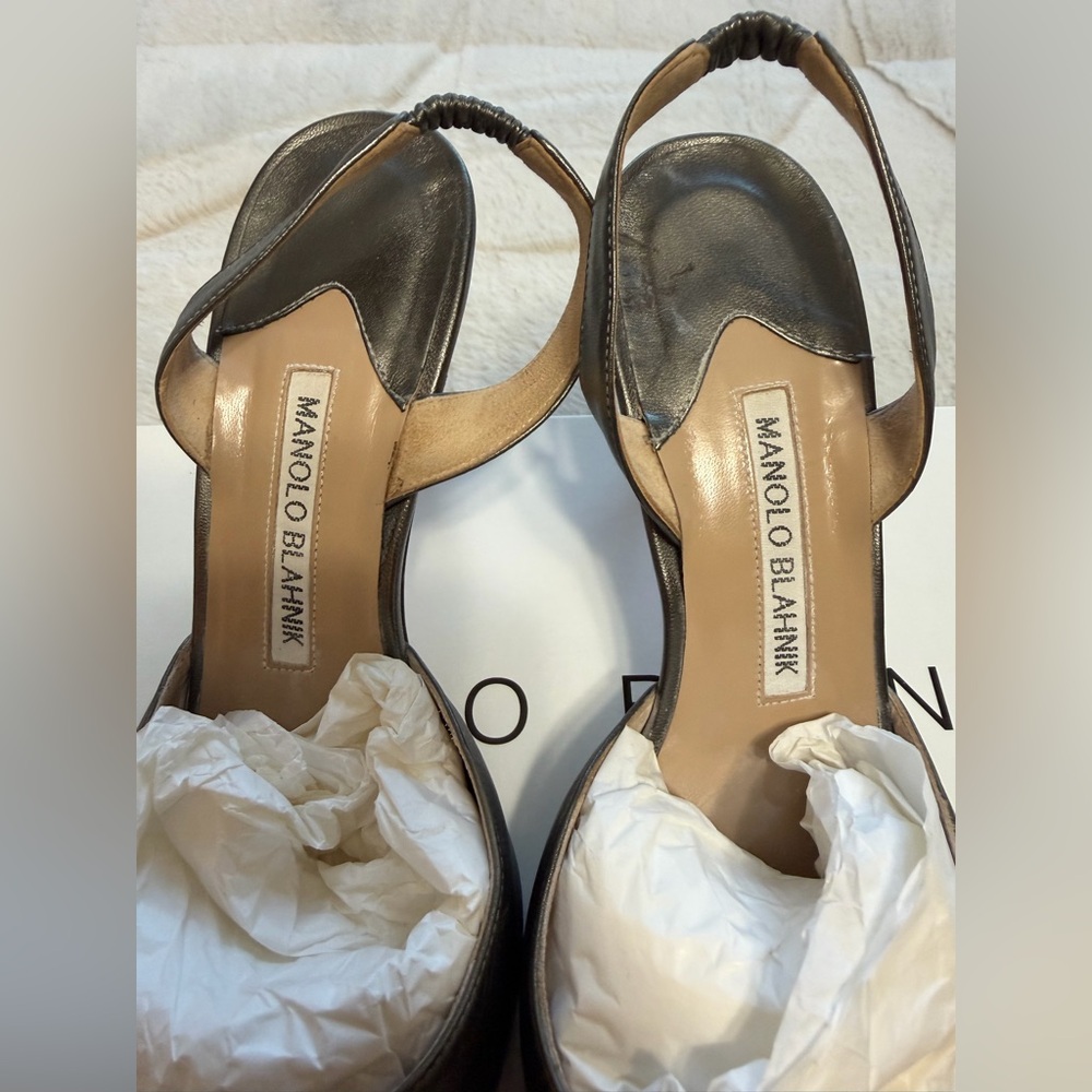 $995 Manolo Blahnik Metallic Silver Gray Slingback Heels 37 7 - Picture 7 of 10
